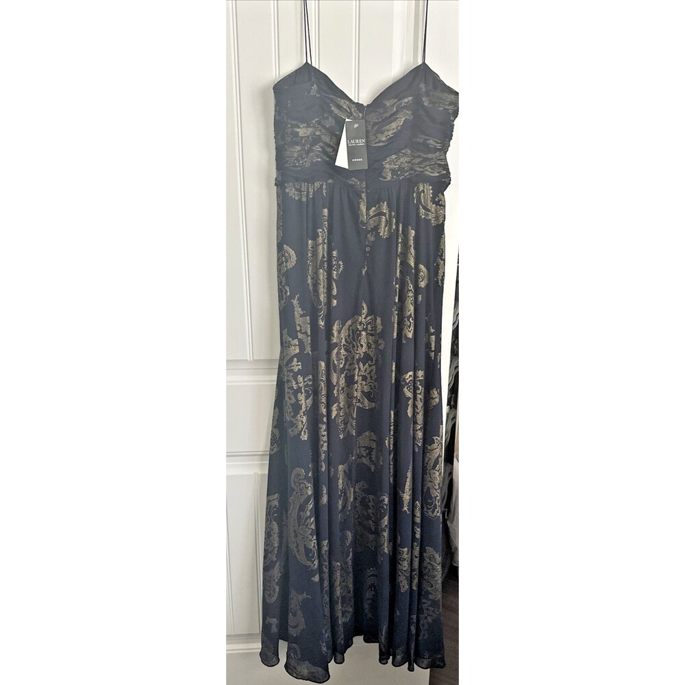 Lauren Ralph Lauren Women's Paisley Foiled Chiffon Sleeveless Gown Dress Navy 12 - Picture 11 of 14